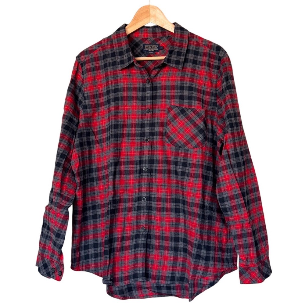 Pendleton Red Gray Plaid Flannel Button Down Shirt Long Sleeve Sz L Lightweight